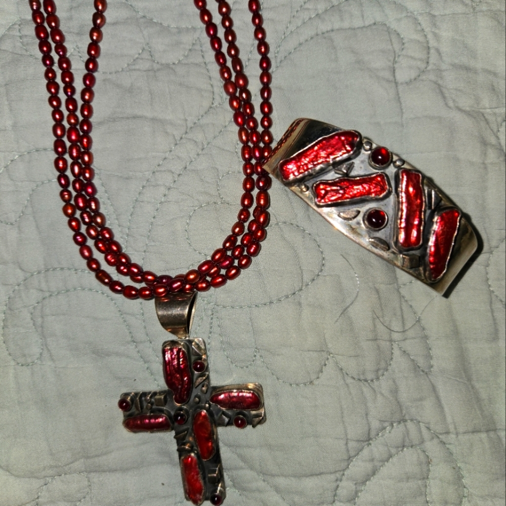 Red Pearl Beaded Necklace and Bracelet Set 925 Silver